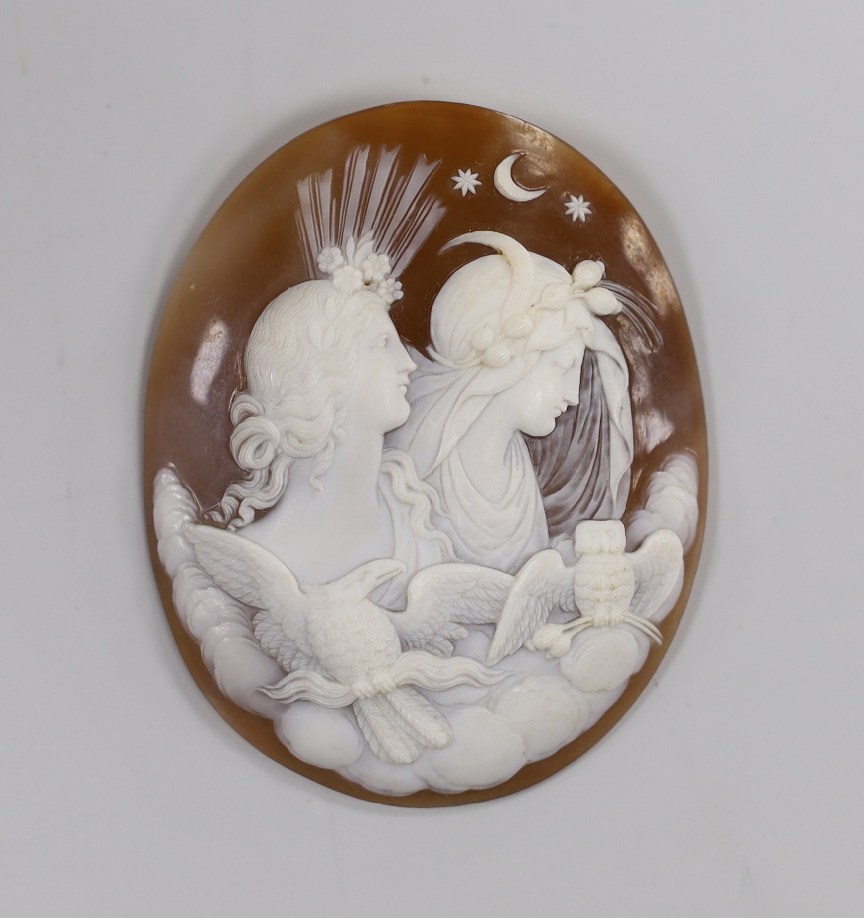 An unmounted Victorian cameo shell, carved with Selene and Diana, 61mm.